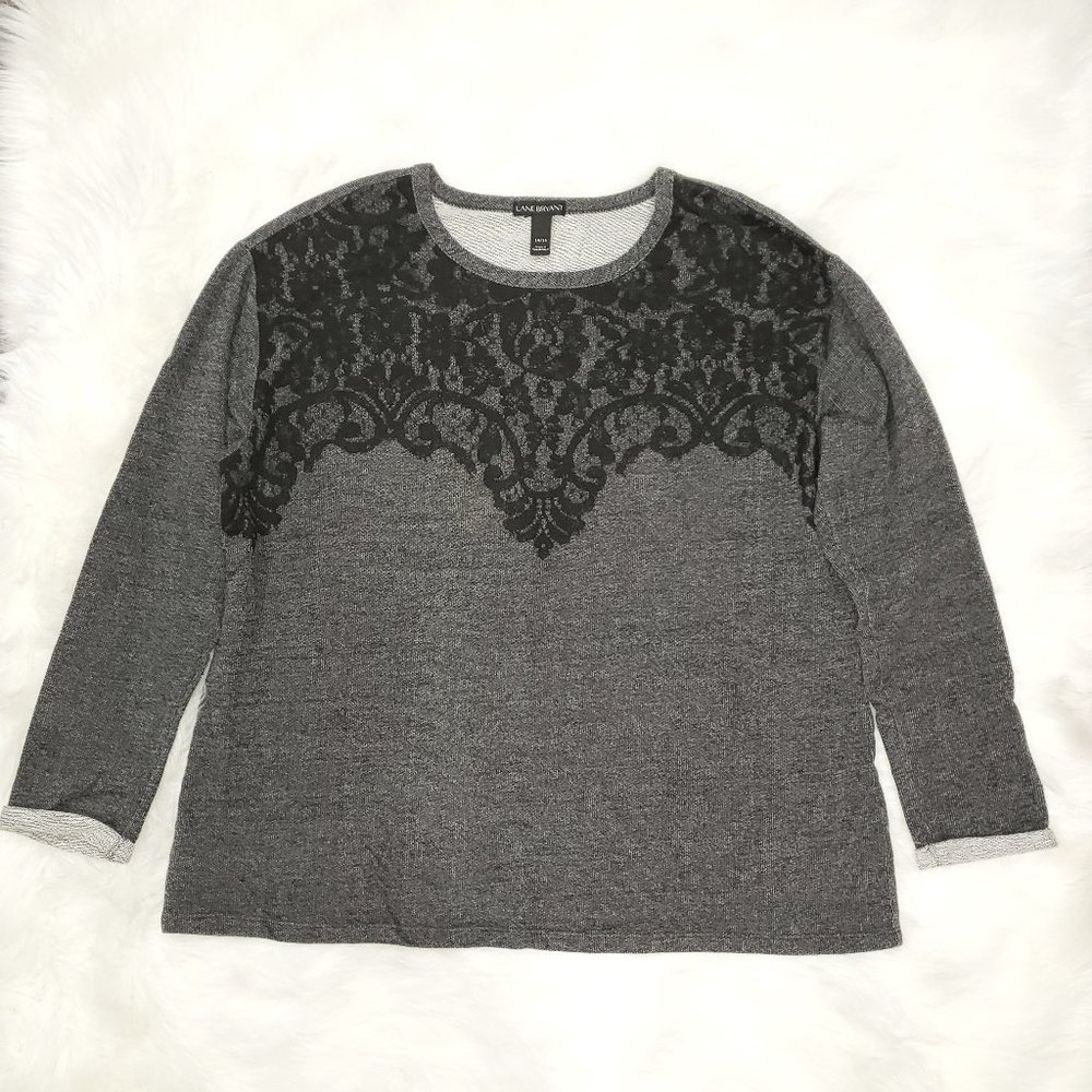 Lane Bryant Grey Sweater with Faux Black Lace Trim 14/16